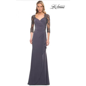 LA FEMME 30384 Ruched Twist Column Gown Size 12 Gunmetal Lace Net Jersey NWOT